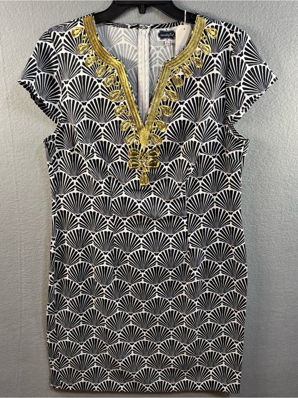 Mud Pie Black & White Jackie Dress with Gold Embroidered V-Neck